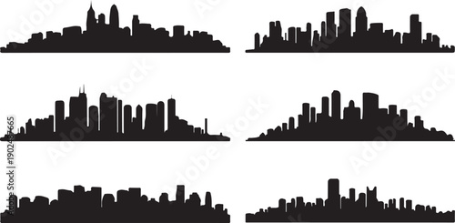 Six distinct black urban skyline silhouettes against white