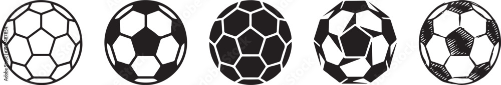 Obraz premium A set of five different black and white football icons for graphic design and sports themes Vector