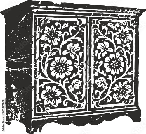 Vintage wooden cabinet with intricate floral carving design and ornate decorative details