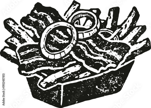 Crispy bacon strips with onion slices and thick cut fries in a serving tray