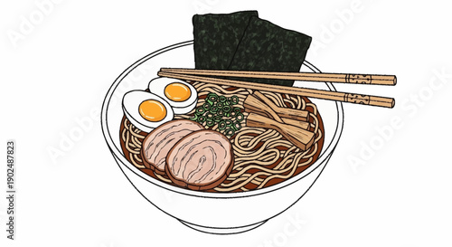 Delicious Bowl of Ramen Noodles with Toppings and Chopsticks.