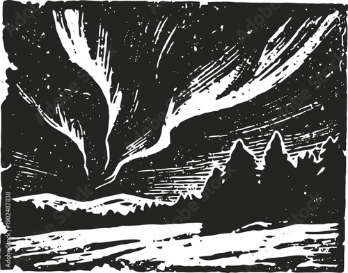 Night sky with northern lights over forested mountains and snowy landscape black and white illustration