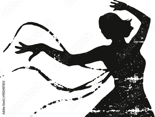 Silhouette of a graceful dancer with flowing ribbons in dynamic movement and artistic pose