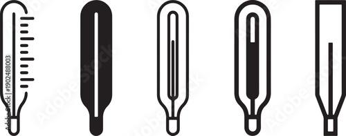 A set of five different black and white icons representing various types of medical thermometers used for measuring body temperature. Vector