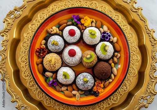 Wallpaper Mural Assorted indian sweets on a gold plate with nuts and flowers Torontodigital.ca
