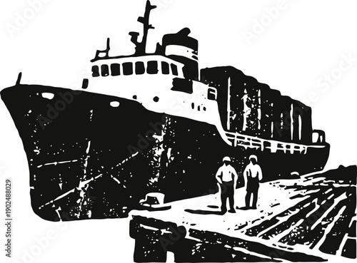 Large cargo ship docked at pier with two workers standing nearby in black and white illustration