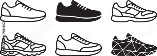 A collection of six pixel art sneaker icons showcasing various outline and silhouette styles for design projects Vector
