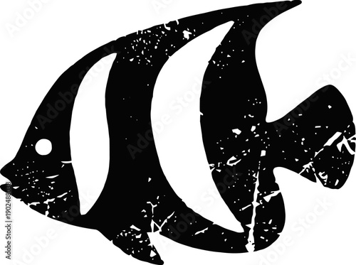 Stylized tropical angelfish silhouette with worn texture and bold stripes design