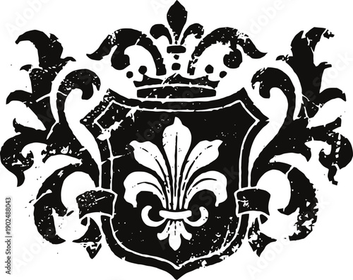 Vintage fleur de lis emblem with ornate shield and crown in grunge black design