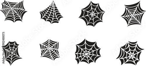 Vector Collection of eight unique spider web designs in black and white