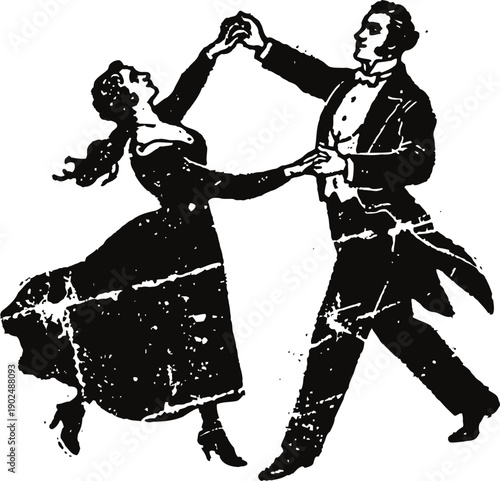Vintage couple ballroom dancing in formal wear, classic dance pose silhouette illustration