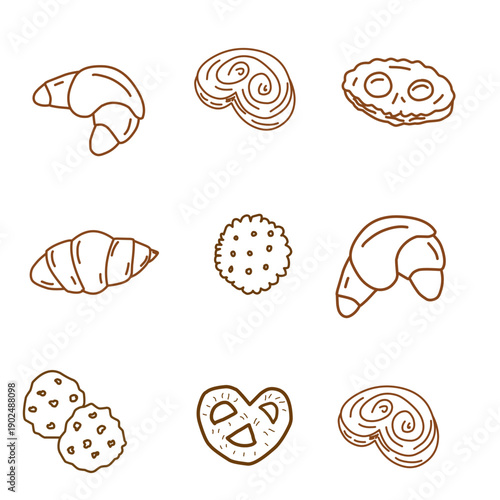 Set of hand drawn cookies, Doodle line hand drawn of cookies. Set of various cracker and biscuits for food theme, hand drawn various biscuit. Food frame cookies.