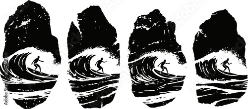 Surfer riding large ocean wave with rocky cliffs in background, black silhouette design series