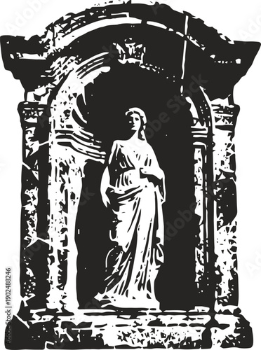 classical stone statue of a robed woman standing in an ornate architectural niche