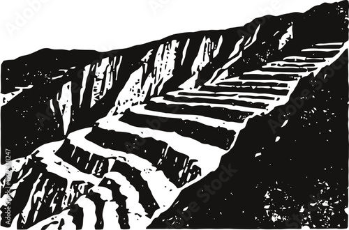 Black and white vintage illustration of stone staircase on sloped terrain with shadows