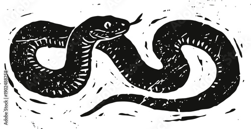 Black snake illustration with curled body and forked tongue woodcut reptile design with textured details