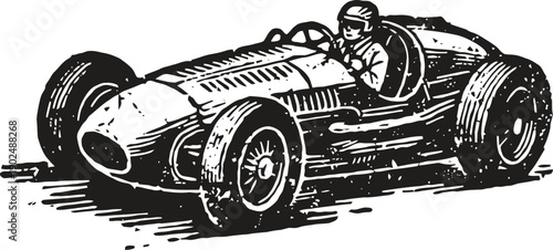 Vintage race car with driver in classic helmet speeding on track retro motor racing illustration