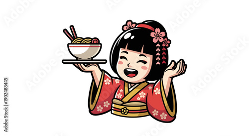 Charming Japanese girl in kimono serving a delicious bowl of noodles.