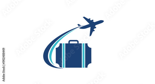 Blue Airplane Flying Over a Blue Suitcase with a Swoosh.