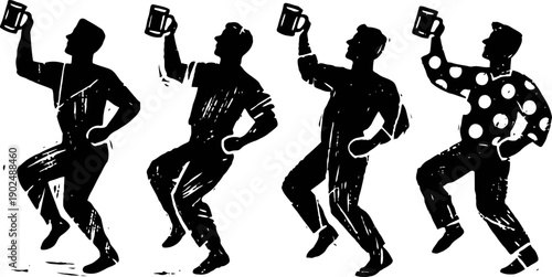vintage dancing man silhouettes holding mugs with varied outfits and festive poses
