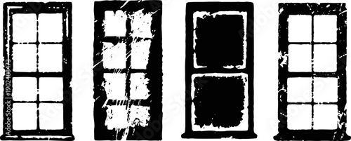 set of four grunge window silhouettes with distressed frames isolated on white