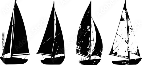Black sailboats silhouettes set with textured and clean sails, sailing yacht icons in different styles