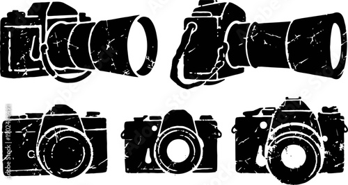grunge camera illustrations vintage equipment icons set