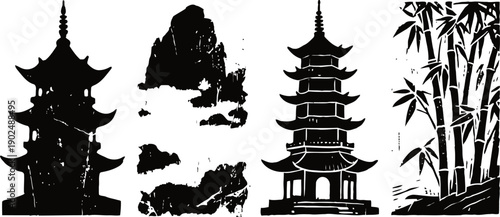 traditional asian pagodas and bamboo silhouette set with grunge ink texture