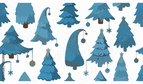 Cute whimsical blue Christmas tree seamless pattern hand drawn festive holiday vector illustration