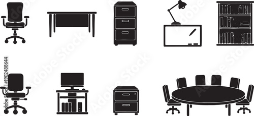 Office furniture icons, desk, chair, bookshelf, lamp, computer, filing cabinet, meeting table, for mockup or website, vector illustrations Isolated on transparent background, png