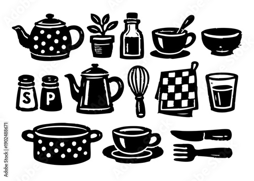 Hand Drawn Kitchen Utensils Set in Woodcut Linocut Style Black and White