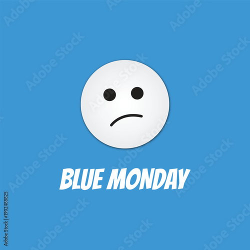 Simple illustration depicting a sad face icon above bold white text reading blue monday against a bright blue background
