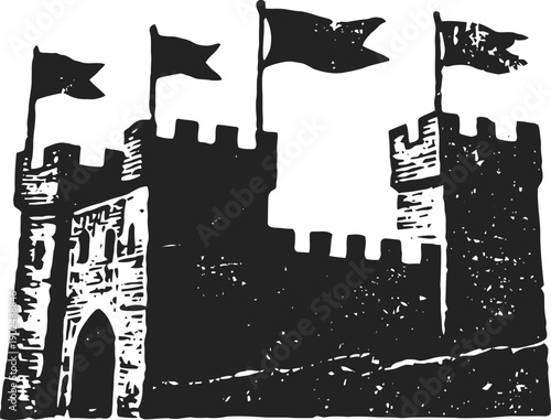 Medieval castle silhouette with flags on towers, ancient fortress illustration