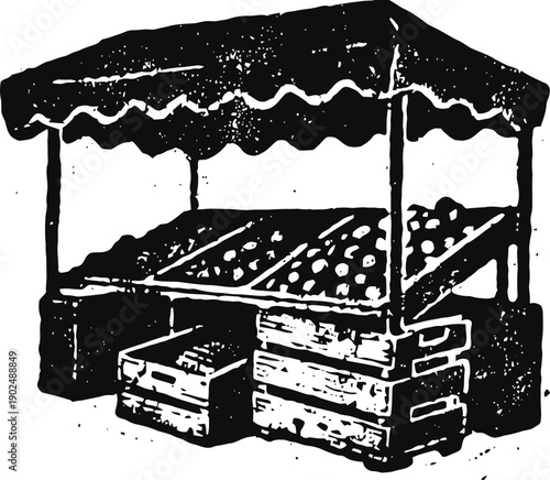 Outdoor market stall with canopy and wooden crates for selling fruits and vegetables