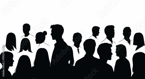 Diverse group of people silhouettes in profile view.