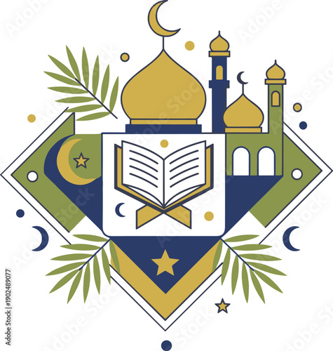 Islamic Ramadan Kareem concept with mosque holy Quran and palm leaves on geometric background