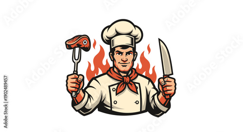 Chef holding steak and knife with flames behind him.