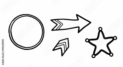 Hand drawn doodle icons of a circle arrow and sheriff star.