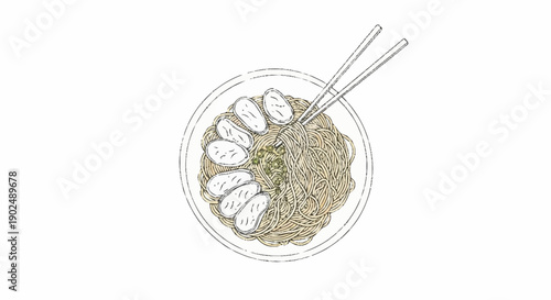 Hand drawn illustration of a bowl of noodles with chopsticks.