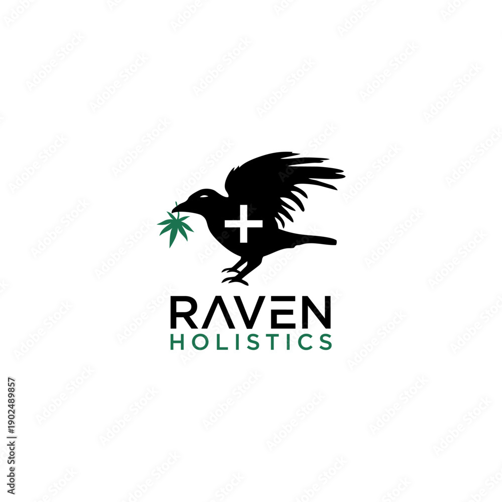 Obraz premium Black Raven Silhouette with Cross and Marijuana.