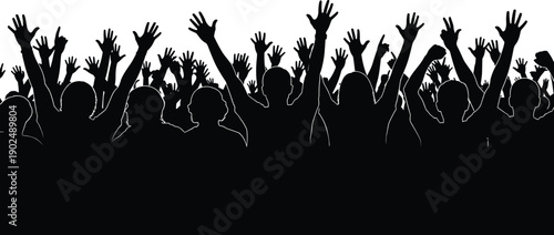 Black Silhouette Vector Illustration of a Large Crowd of People Raising Hands in Celebration for Music Concert Festival and Successful Public Event Designs