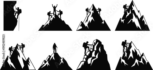 Black Silhouette Vector Set of Mountain Climbers Hiking Rock Climbing and Reaching Peak Representing Teamwork Success Achievement Adventure Outdoor Sports Exploration and Goal Setting Concepts