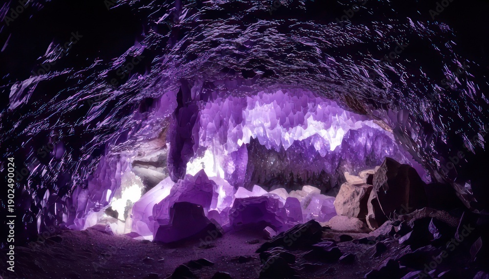 Fototapeta premium Enchanting Purple Cave - A Mystical Underground Wonderland of Light and Shadow.
