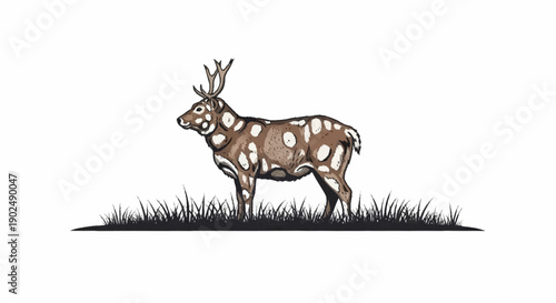 Illustration of a spotted deer standing in grass.