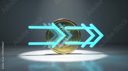 Dollar coin centered, flanked by two illuminated aqua-colored chevron arrows