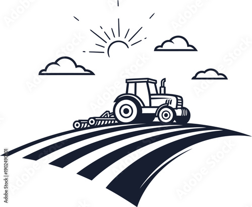 A cartoon illustration of an agricultural tractor vehicle on a farm field designed as a vector transport icon for delivery and agriculture sign symbols