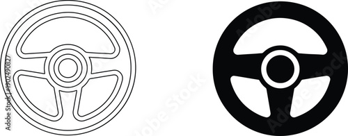 Line and solid style car steering wheel icons on white background for design elements