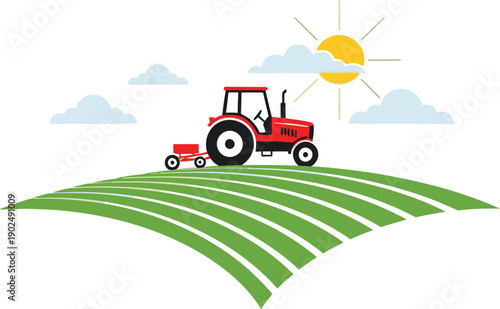 Cartoon tractor vehicle on a farm field with blue sky agricultural machinery vector illustration