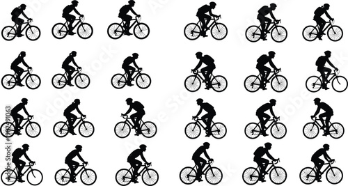 Cyclist silhouettes collection featuring men and women riding road bikes in various positions isolated on white background for sports fitness and urban commute design