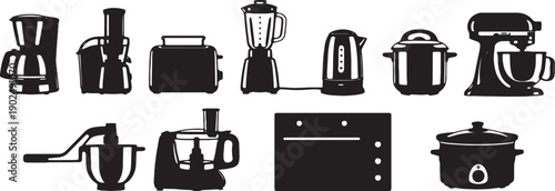 kitchen appliances icons, black silhouette vector illustrations of blender, coffee maker, toaster, kettle, slow cooker, mixer, oven, toaster oven, food processor, for website or app UI